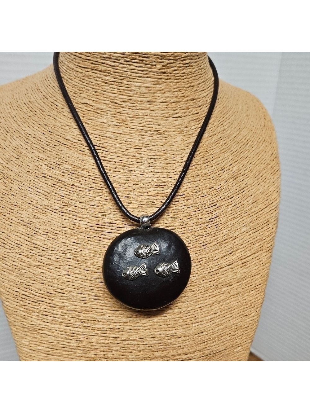 Ethnic Chocolate Brown Seed Pod with Silver Fish Accents Pendant Necklace